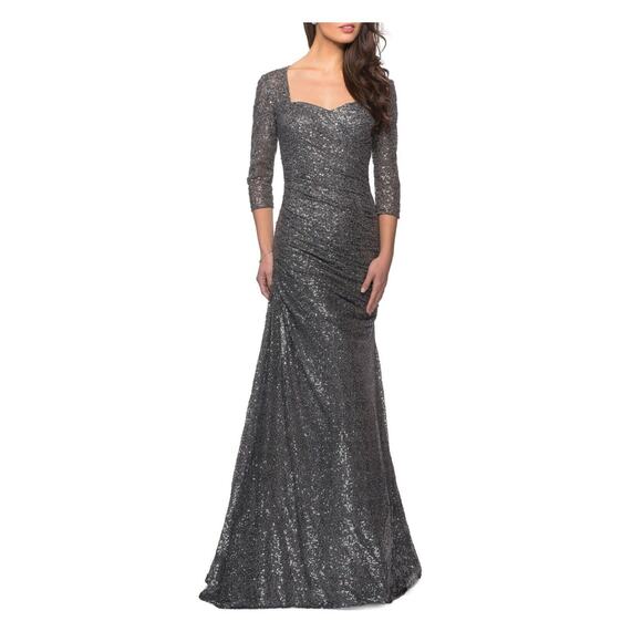 La Femme Silver Gunmetal Sequin Trumpet Gown Sz.8 NWT - Picture 1 of 16